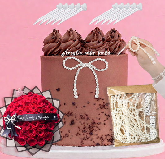 10Pcs Pearl Bow Cake Toppers 4” with 10 Acrylic Picks - Pearl Bows for Wedding, Birthday Cake Decorations,Flower Bouquets, Dessert Décor (L 4inch)