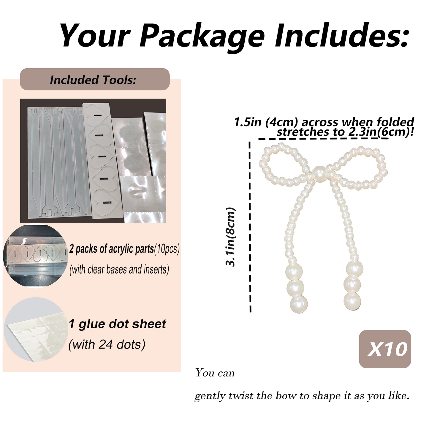 10Pcs Pearl Bow Cake Toppers 4” with 10 Acrylic Picks - Pearl Bows for Wedding, Birthday Cake Decorations,Flower Bouquets, Dessert Décor (S 3inch)