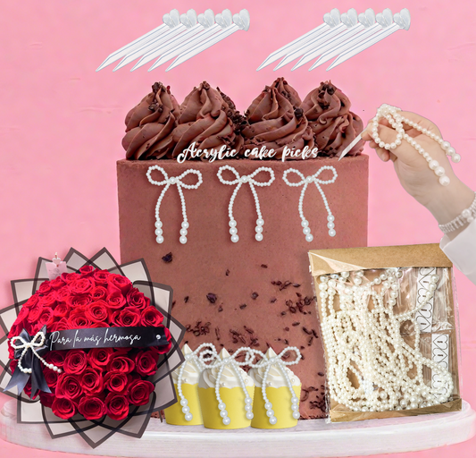 10Pcs Pearl Bow Cake Toppers 4” with 10 Acrylic Picks - Pearl Bows for Wedding, Birthday Cake Decorations,Flower Bouquets, Dessert Décor (S 3inch)