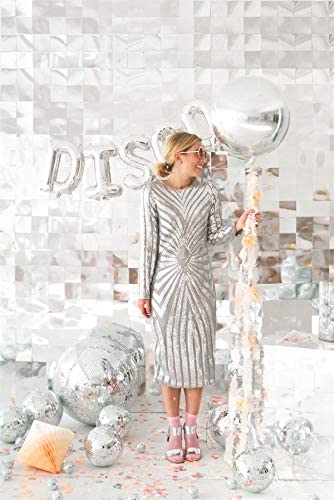 Holographic Silver Laser Disco Ball Balloon Hangable 4 Count 16"Large Sphere 4D Aluminum Foil Balloon Metallic Silver Balloon Disco Birthday Party Supplies 70s Disco Theme Party Decoration DJ Party Disco Balloon Arch