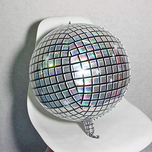 Holographic Silver Laser Disco Ball Balloon Hangable 4 Count 16"Large Sphere 4D Aluminum Foil Balloon Metallic Silver Balloon Disco Birthday Party Supplies 70s Disco Theme Party Decoration DJ Party Disco Balloon Arch