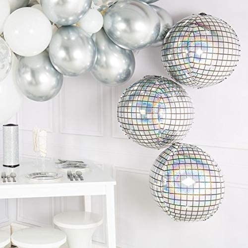 Holographic Silver Laser Disco Ball Balloon Hangable 4 Count 16"Large Sphere 4D Aluminum Foil Balloon Metallic Silver Balloon Disco Birthday Party Supplies 70s Disco Theme Party Decoration DJ Party Disco Balloon Arch