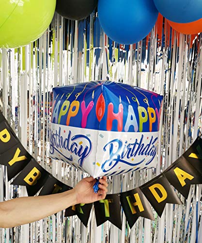 Eanjia Happy Birthday Cube Balloons Blue Candle Happy Birthday 4D Square Foil Balloons Hangable 15" Large Box Shape Aluminum Mylar Balloon for Birthday (Cube-Happy Birthday A)