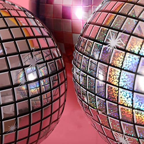Holographic Silver Laser Disco Ball Balloon Hangable 4 Count 16"Large Sphere 4D Aluminum Foil Balloon Metallic Silver Balloon Disco Birthday Party Supplies 70s Disco Theme Party Decoration DJ Party Disco Balloon Arch