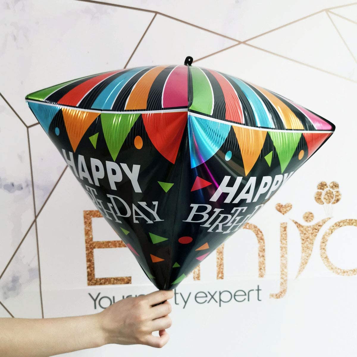Eanjia Happy Birthday 4D Diamond Foil Balloons Large Triangle Mylar Balloons Color Printed for Birthday Party Use (Diamond-Happy Birthday A)