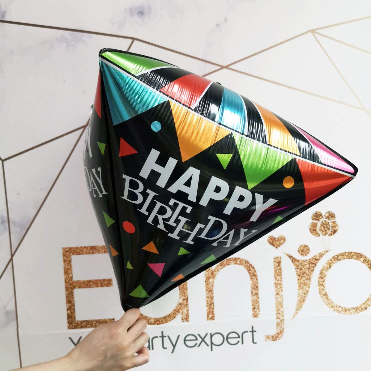 Eanjia Happy Birthday 4D Diamond Foil Balloons Large Triangle Mylar Balloons Color Printed for Birthday Party Use (Diamond-Happy Birthday A)
