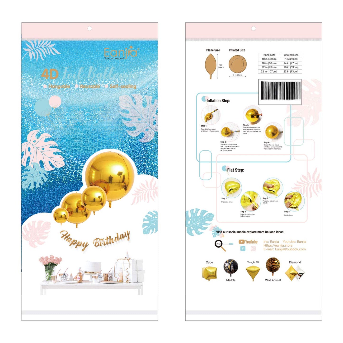 Eanjia Happy Birthday 4D Orb Foil Balloons Hangable (Orb-Happy Birthday I)