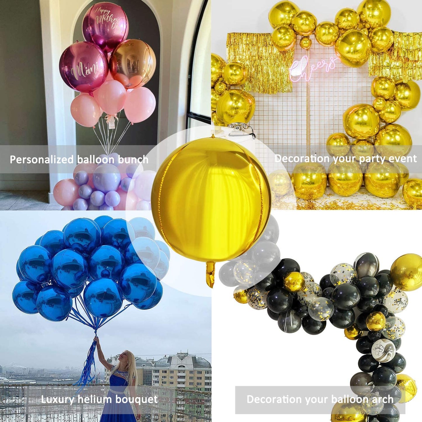 Eanjia Pastel Rainbow 4D Foil Balloons Hangable 4 Count 16" Large Round Helium Aluminum Ombre Balloon Mylar Balloon for Birthday Party Decoration Wedding Babyshower Marriage Decor Supplies