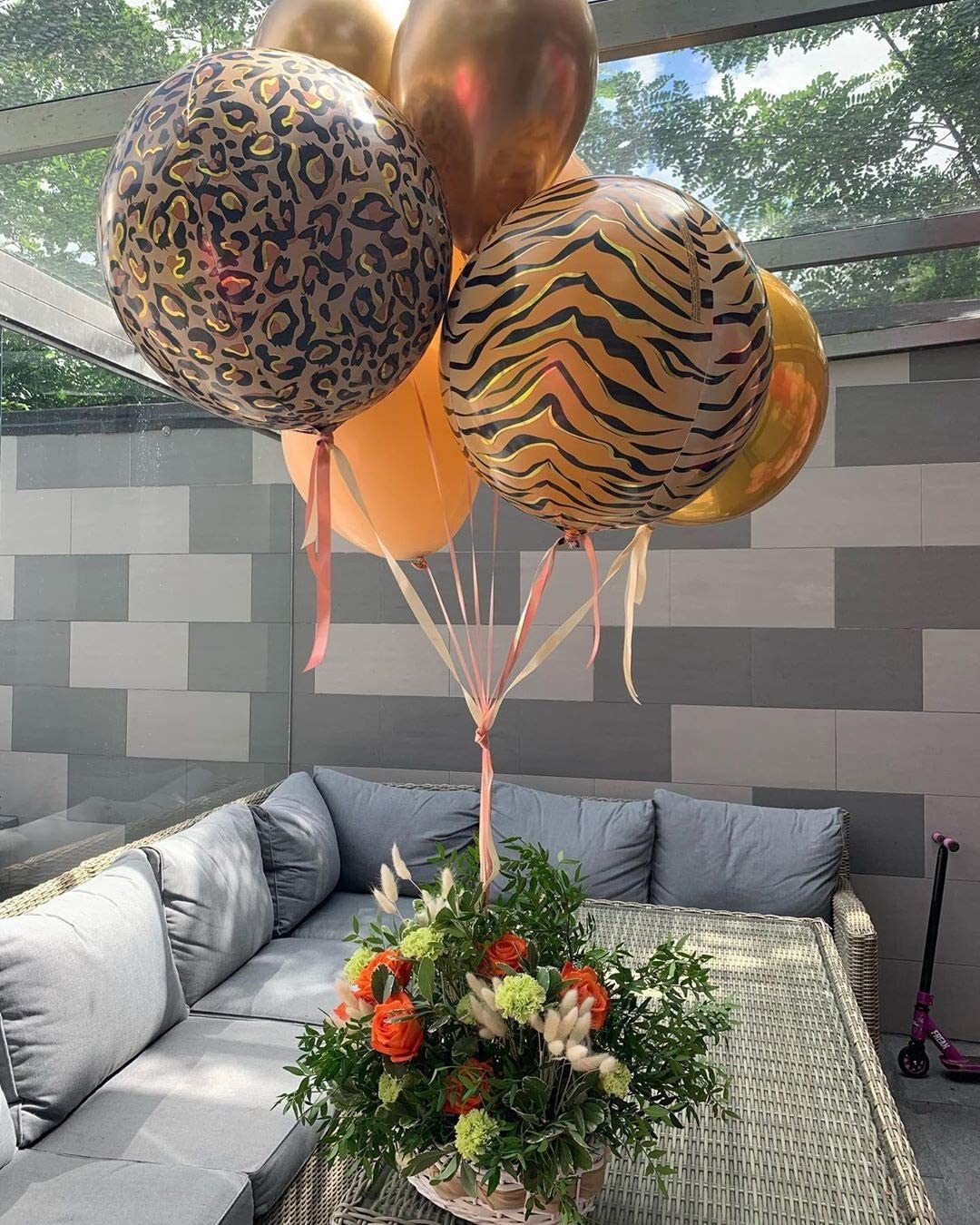 Eanjia Tiger Balloon Hangable 4 Count 16" Safari Print Balloons 4D Round Foil Balloons for Baby shower Photo Shower Birthday Party Supplies Wedding Balloon Arch Kit Tiger Balloon Garland Kit Zoo Decorations