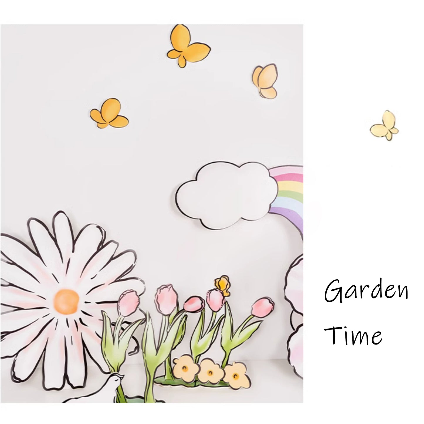 Rainbow Tulip Garden Cutouts | 16pc Watercolor Daisy & Squirrel Decor | Baby Shower & Birthday Props