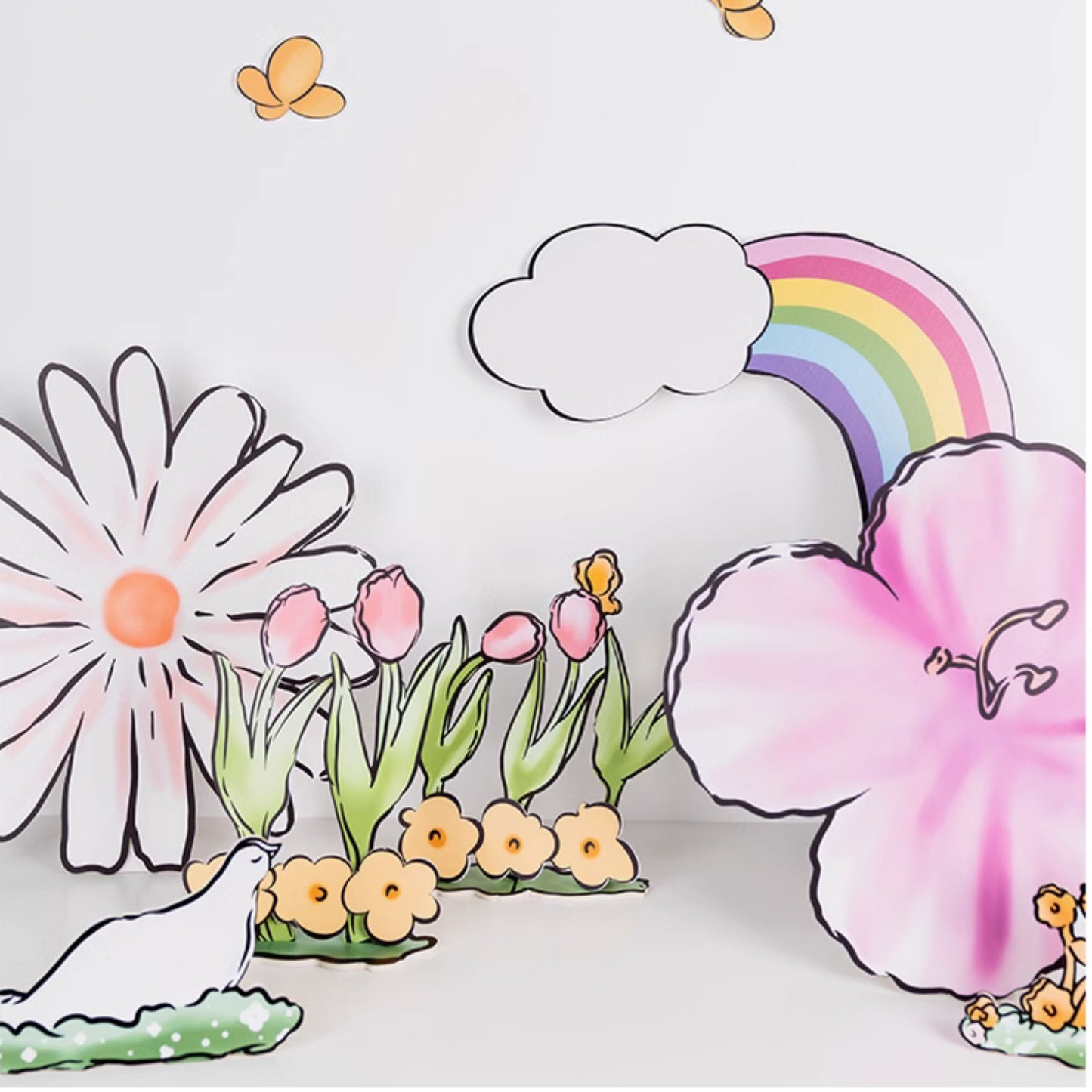 Rainbow Tulip Garden Cutouts | 16pc Watercolor Daisy & Squirrel Decor | Baby Shower & Birthday Props