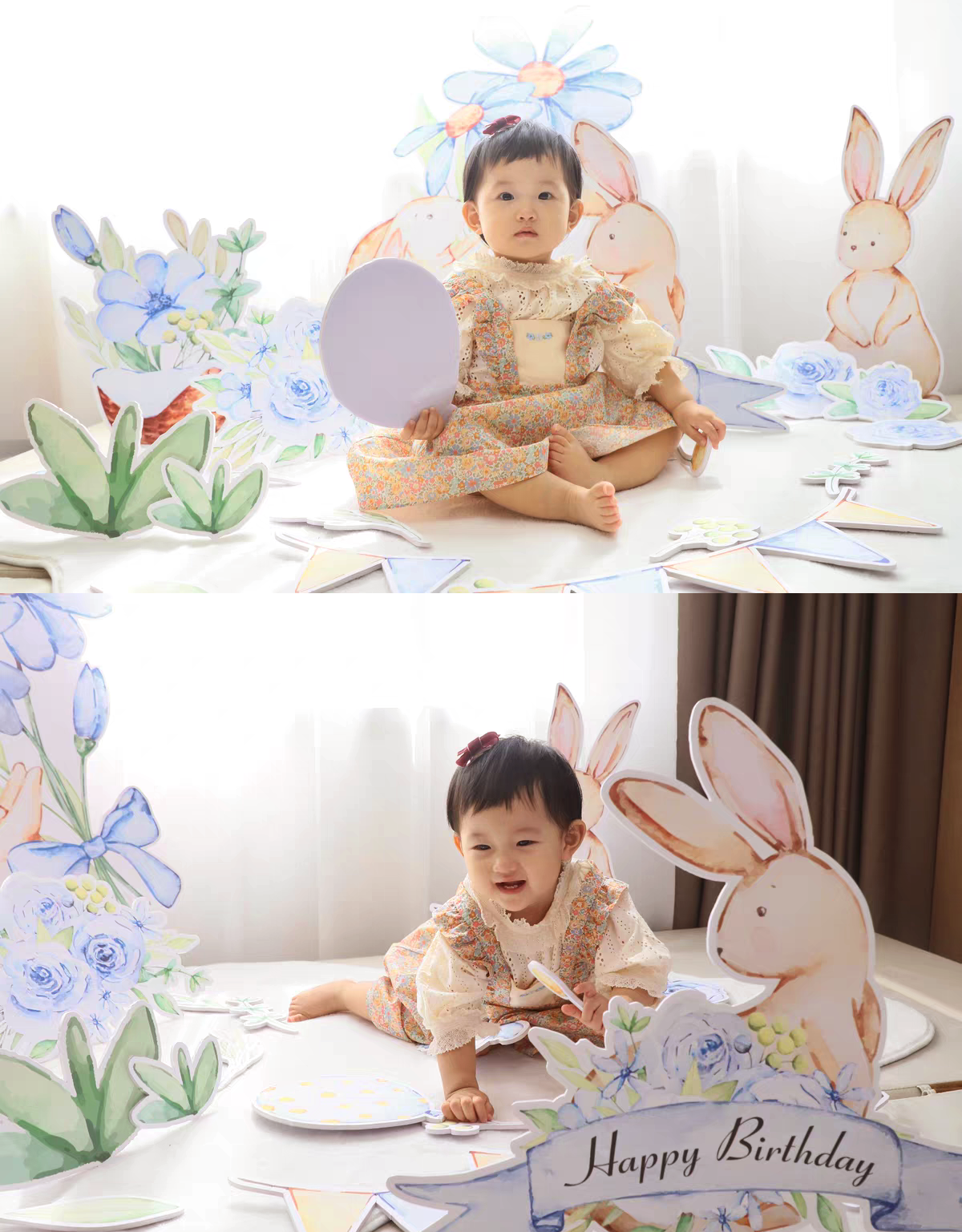 Two images of a young child celebrating a birthday. The child, dressed in a floral outfit, sits amidst pastel-colored decorations featuring bunnies, flowers, and Dongguan Quanjia Trade Co.,ltd Blue Garden Bunny Flower Standee Cut Out Foam Board Decoration Set of 30. A "Happy Birthday" sign completes the backdrop, adding a whimsical and festive touch to the scene.