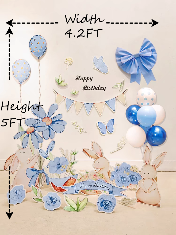 Dongguan Quanjia Trade Co.,ltd's Blue Garden Bunny Flower Standee Cut Out Foam Board Decoration Set of 30 with a 4.2ft width and 5ft height, featuring blue and white balloons, a blue bow, blue and gold polka dot balloons, a "Happy Birthday" banner, cutouts of flowers and cute bunnies, standee cutouts for the party, and butterflies in a charming blue and white theme.