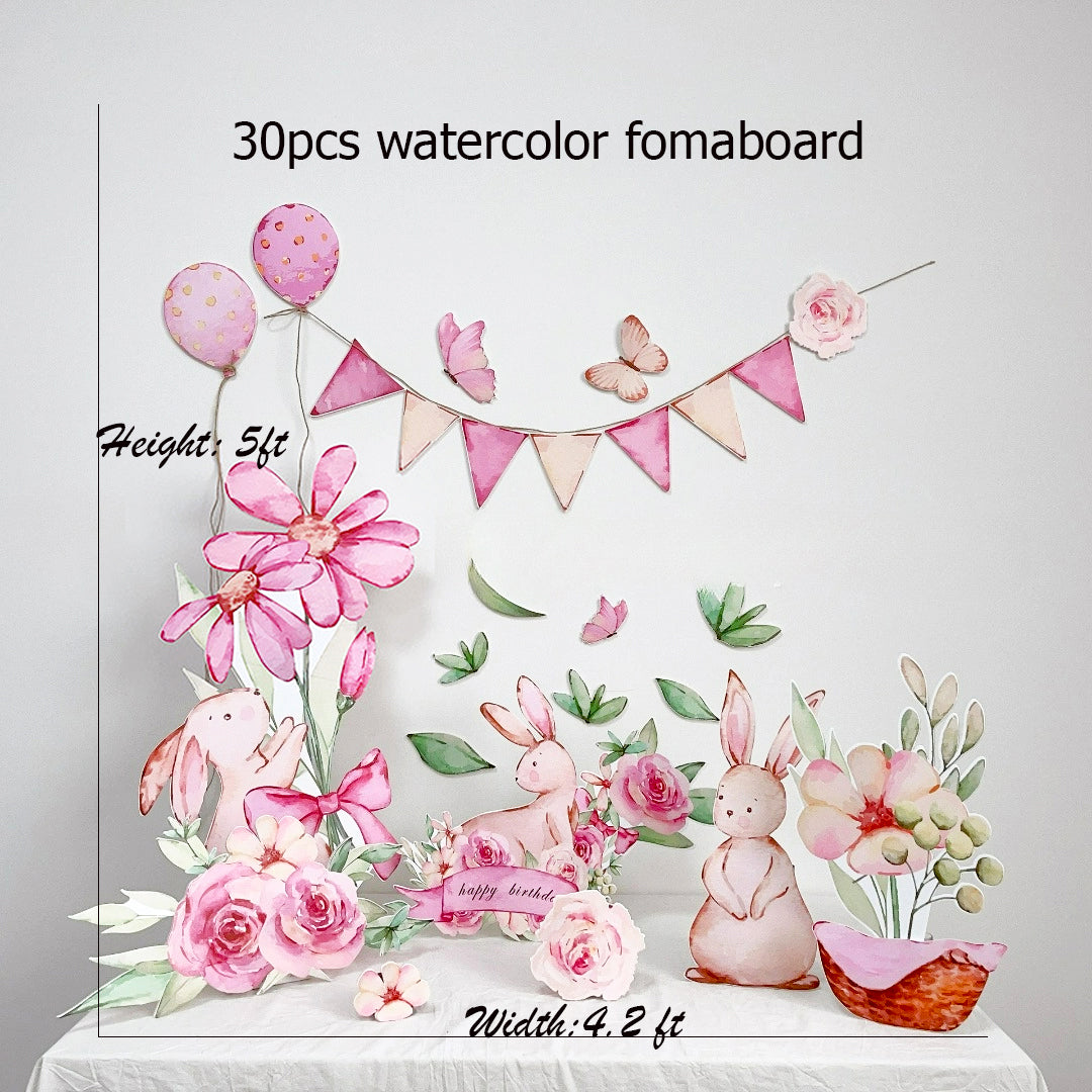 A set of watercolor-themed standee cutouts for a party featuring pink flowers, three rabbits, butterflies, balloons, and a bunting banner. The display has dimensions labeled: height of 5 feet and width of 4.2 feet. Text reads "Pink Bunny Flower Balloons Standee Party Decoration Foam Board Cutout Set 30pcs" by Dongguan Quanjia Trade Co., Ltd.