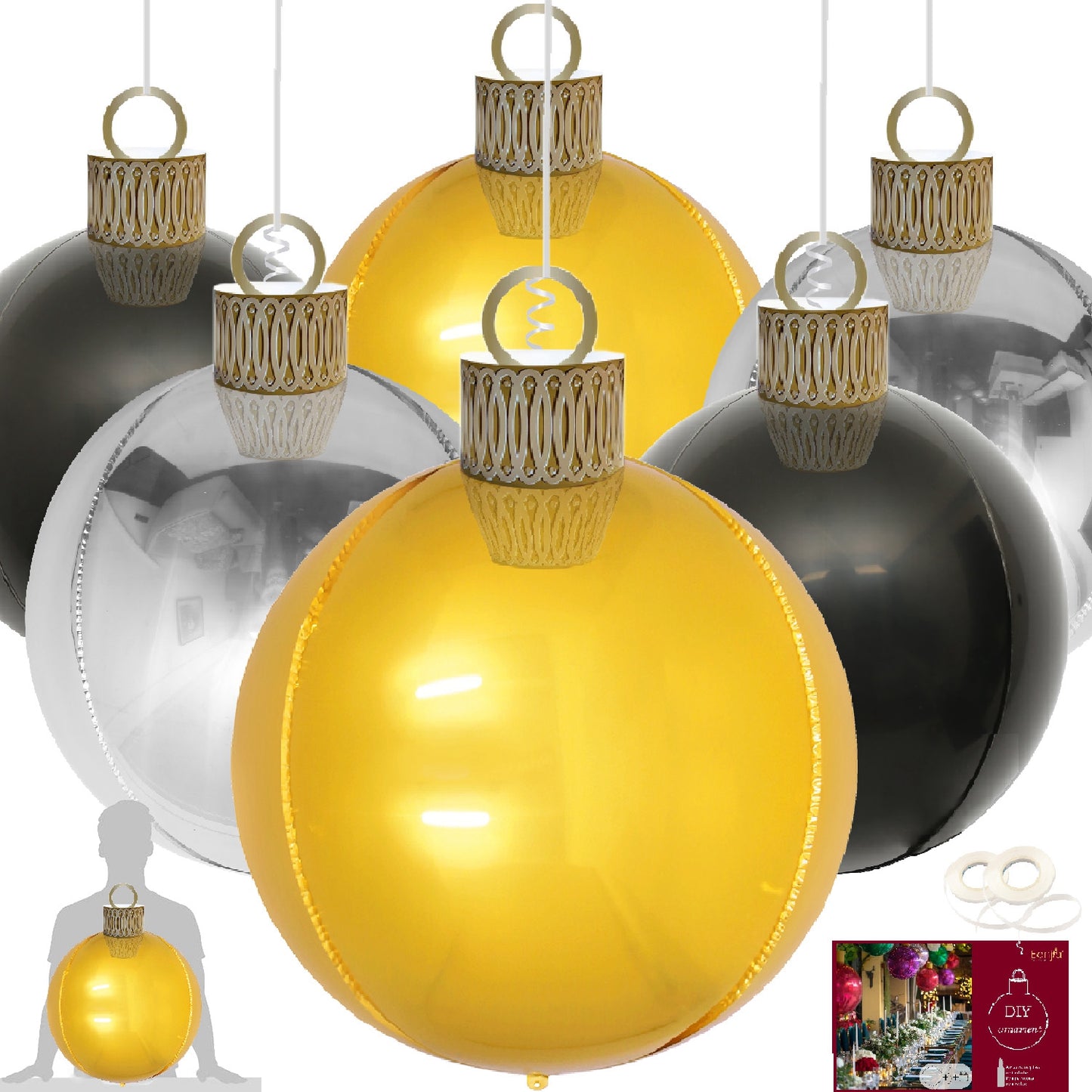 Eanjia XXL 30inch Christmas Ornaments 6 Count 76cm x 50cm Foil Balloon Christmas Bauble - Inflatable Balloon Ball Hanging Ornaments for Holiday Indoor Window Display Xmas Tree Decoration （Color)