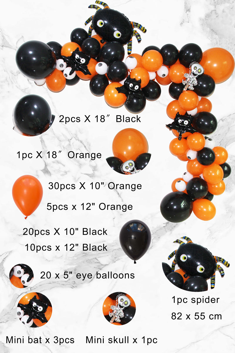 Eanjia Halloween Balloons Garland Kit DIY Balloon Arch Kit 5-18" Latex Balloons,Big Spider Mini Skull,Bat Foil Balloons 16ft Stipe Tape Glue Dots for Halloween Party Decoration