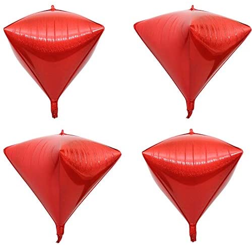 Eanjia Holographic Laser Red Foil Diamond Balloons 4count 4D Foil Balloons 17"Hangable Triangle Cube Shaped Aluminum Mylar Balloon for Baby Shower Birthday Wedding Christmas Party Decoration (Red)