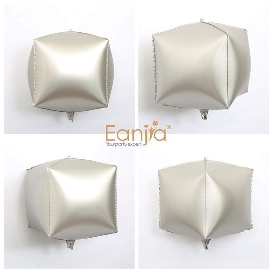 Eanjia Chrome Matte Silver Foil Cube Balloons 4count 4D Foil Balloons 15" Hangable Square Shaped Aluminum Mylar Balloon Globos Cuadrado for Birthday Wedding Futuristic Party Decoration (Silver)