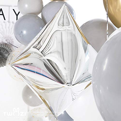 Eanjia 4D Silver Polyhedron RhombusAluminum Foil Balloons 4count Hangable Crown Silver Diamond Mylar Cube Balloons for Baby shower Space Frozen Wonderland Birthday Party & Wedding Party Decor