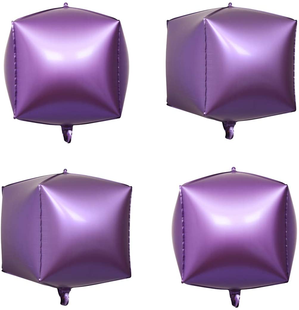 Eanjia Chrome Matte Purple Foil Cube Balloons 4count 4D Foil Balloons 15" Hangable Metallic Purple Square Shaped Aluminum Mylar Balloon for DIY Gift Box Birthday Baby Shower Decoration Garland Kit Decor