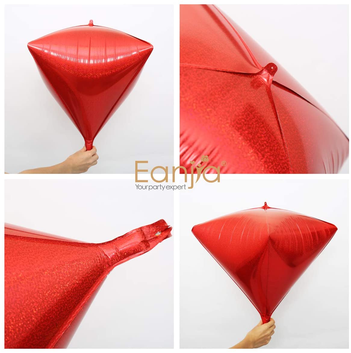 Eanjia Holographic Laser Red Foil Diamond Balloons 4count 4D Foil Balloons 17"Hangable Triangle Cube Shaped Aluminum Mylar Balloon for Baby Shower Birthday Wedding Christmas Party Decoration (Red)