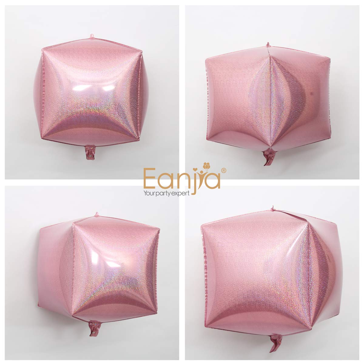 Eanjia Pink Holographic Laser Cube Foil Balloons 4 count 15" Hangable Square Shaped Aluminum Balloon for Wedding Decorations Birthday Party Baby Shower Engagement Party Backdrop Venue Decor