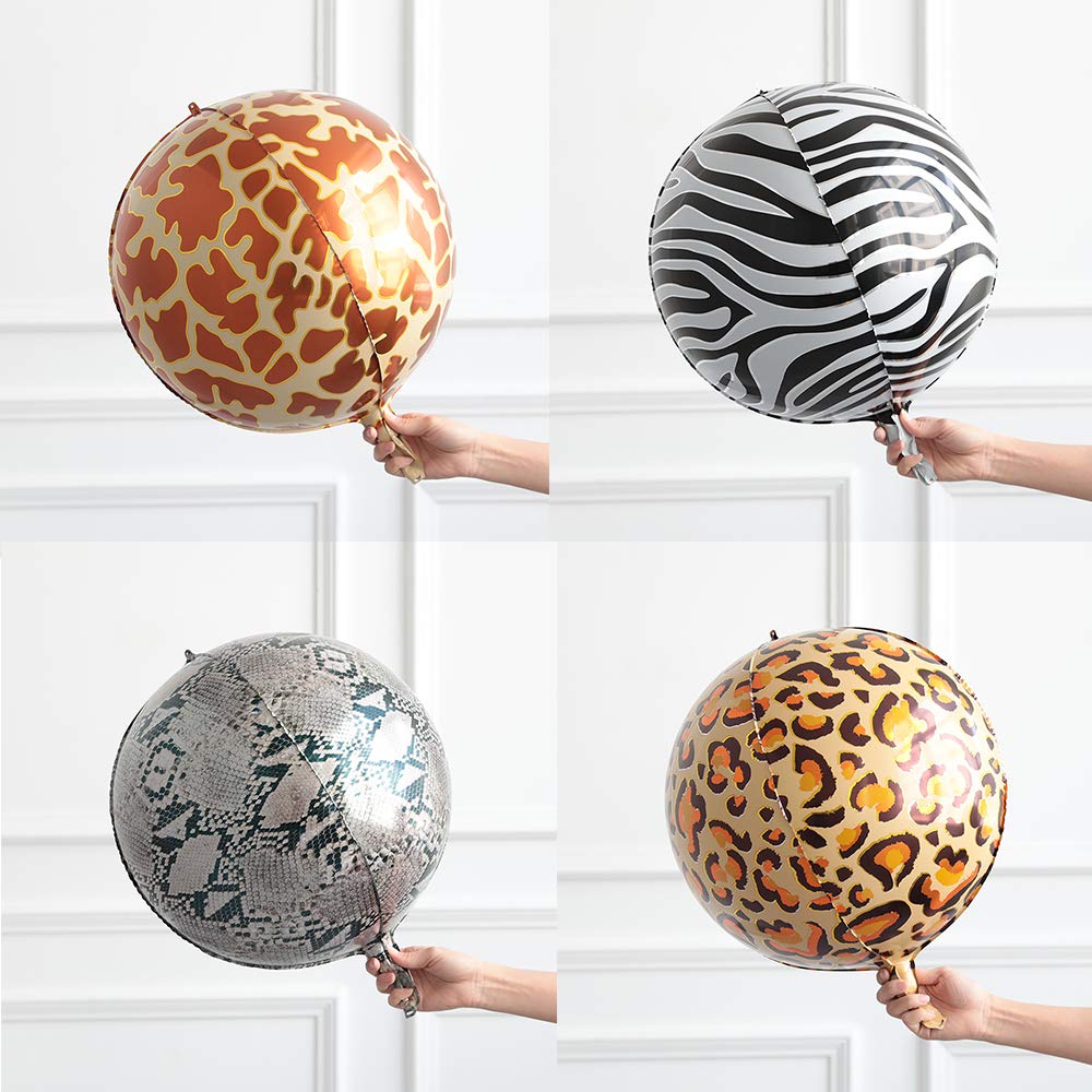 Eanjia Animal Print Balloons Hangable 5 Count 16" Safari Print Balloons 4D Round Foil Balloons for Baby shower Photo Shower Birthday Party Supplies Wedding Balloon Arch Kit Animal Balloon Garland Kit Zoo Decorations