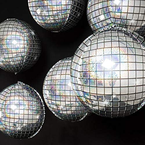 Holographic Silver Laser Disco Ball Balloon Hangable 4 Count 16Large  Sphere 4D Aluminum Foil Balloon Metallic Silver Balloon Disco Birthday  Party