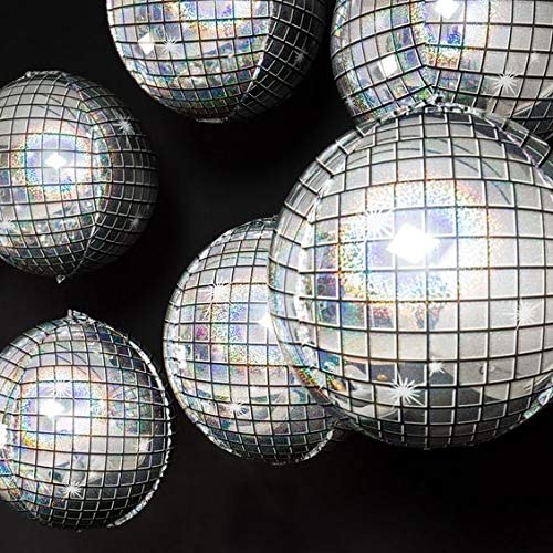 Holographic Silver Laser Disco Ball Balloon Hangable 4 Count 16"Large Sphere 4D Aluminum Foil Balloon Metallic Silver Balloon Disco Birthday Party Supplies 70s Disco Theme Party Decoration DJ Party Disco Balloon Arch