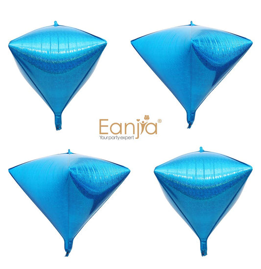 Eanjia Holographic Laser Blue Foil Diamond Balloons 4count 4D Foil Balloons 17"Hangable Triangle Cube-Shaped Aluminum Mylar Balloon for Baby Shower Birthday Wedding Family Party Decoration (blue)