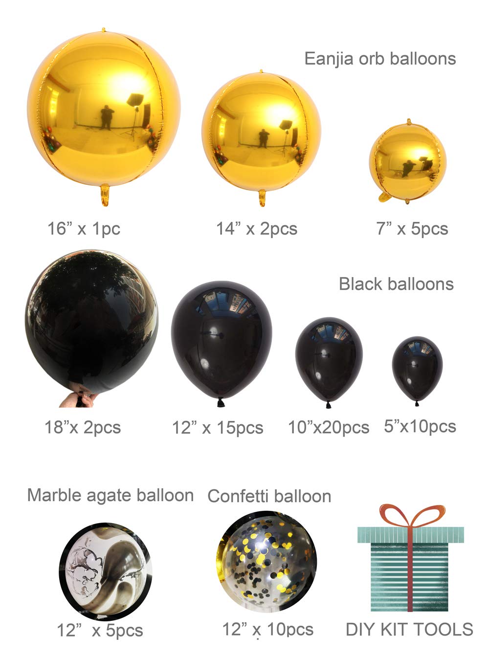 Eanjia Gold and Black Balloons Garland Kit 5"-18" Agate Balloons Confetti Balloons Gold Orb Balloons Arch for Birthday Masquerade Gasby Party Decor (Black & Gold)