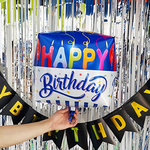 Eanjia Happy Birthday Cube Balloons Blue Candle Happy Birthday 4D Square Foil Balloons Hangable 15" Large Box Shape Aluminum Mylar Balloon for Birthday (Cube-Happy Birthday A)