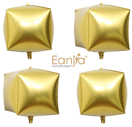 Eanjia Chrome Matte Gold Foil Cube Balloons 4count 4D Foil Balloons 15" Hangable Square Shaped Aluminum Mylar Balloon Globos Estrellas Aluminio for Birthday,DIY Gift Box,Wedding Party Decoration(Gold)