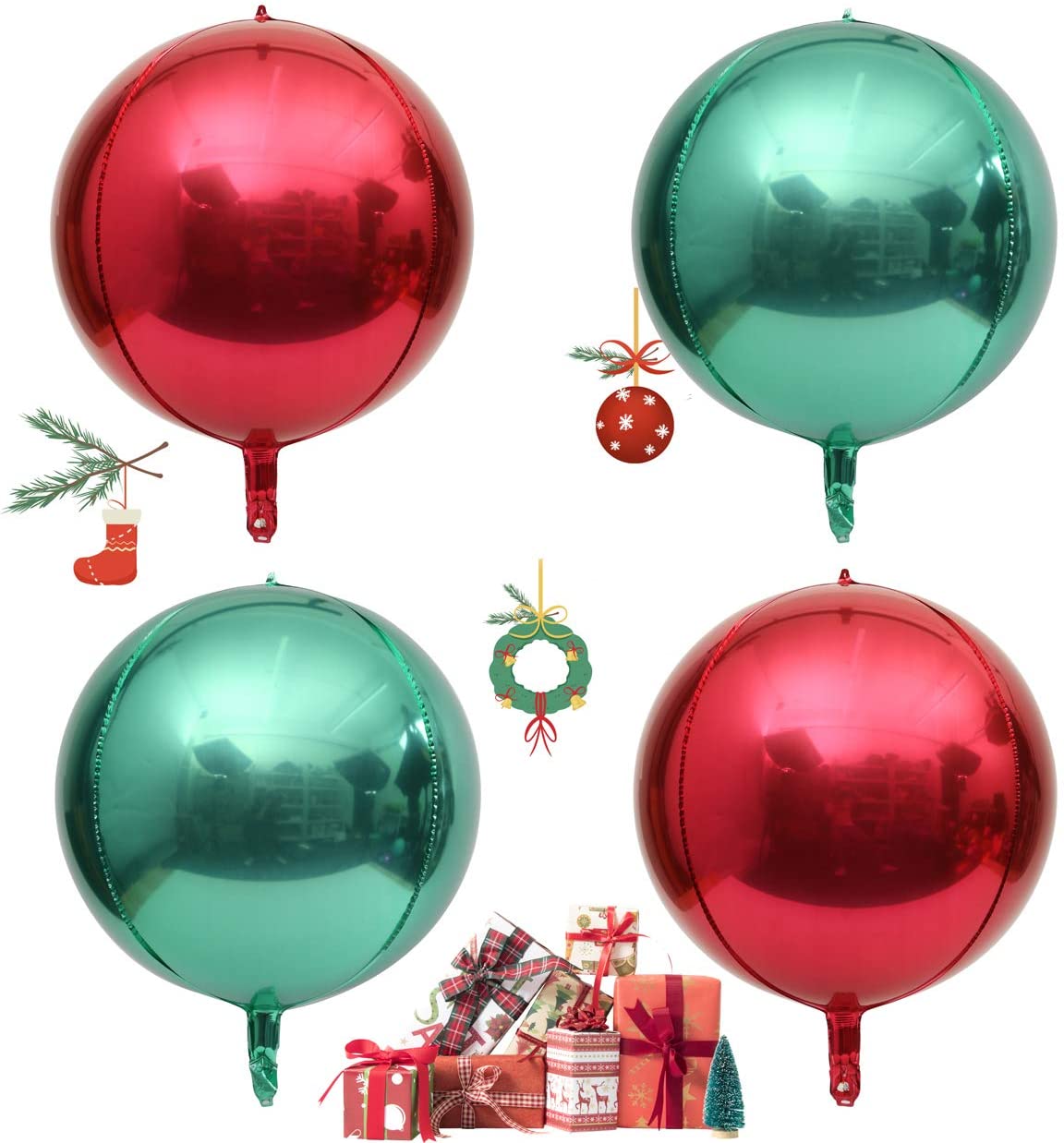 Eanjia Christmas Decr Ball Green & Red 16" Hangable Orb Foil Balloon 4D Large Round Sphere Aluminum Foil Balloon for Chritmas New Year Party Decoration (Red & Christmas Green)