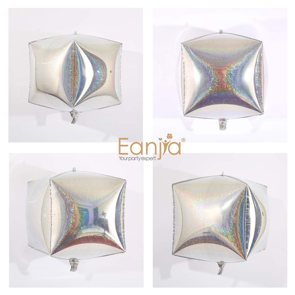 Eanjia Silver Holographic Laser Cube Foil Balloons 4 count 15" Hangable Square Shaped Aluminum Balloon for Wedding Decorations Birthday Party Baby Shower Engagement Party Backdrop Venue Decor