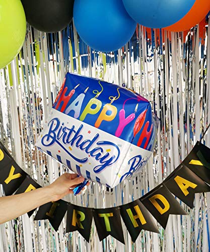 Eanjia Happy Birthday Cube Balloons Blue Candle Happy Birthday 4D Square Foil Balloons Hangable 15" Large Box Shape Aluminum Mylar Balloon for Birthday (Cube-Happy Birthday A)