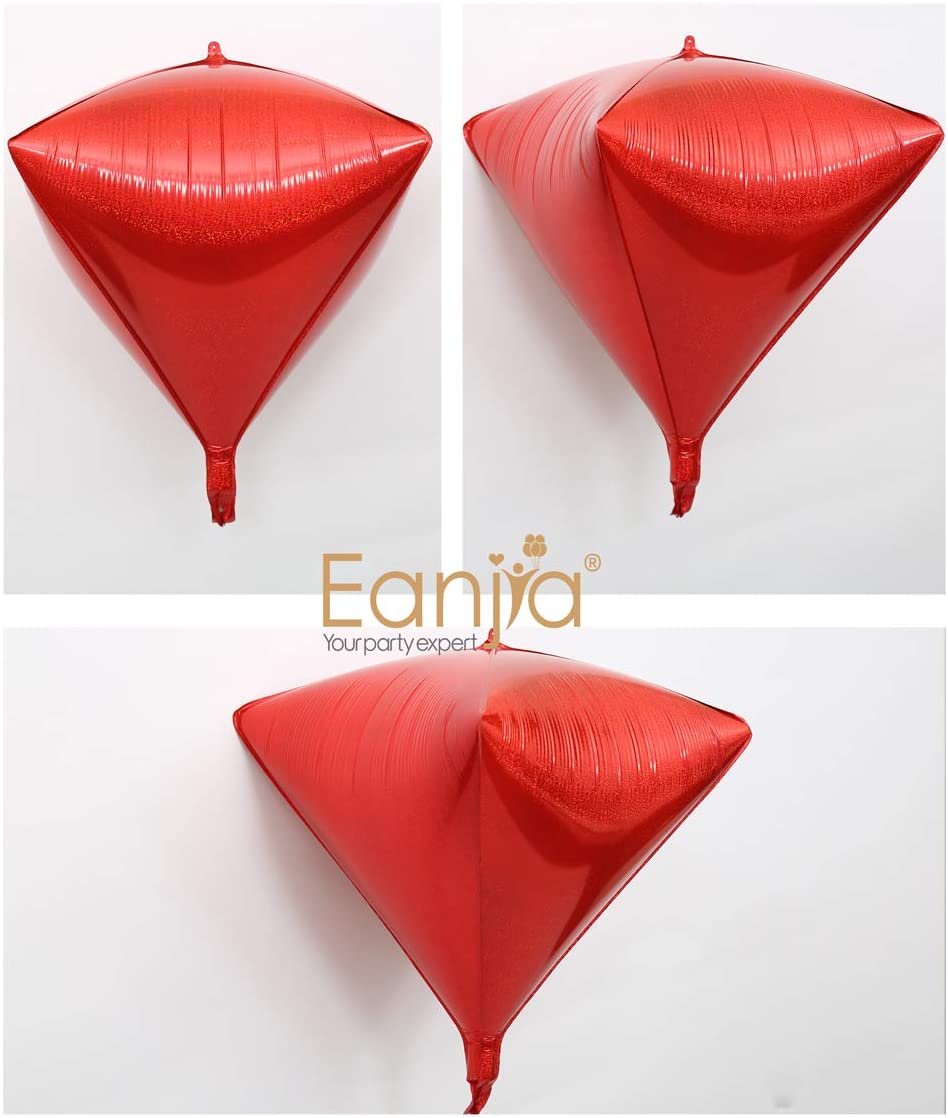 Eanjia Holographic Laser Red Foil Diamond Balloons 4count 4D Foil Balloons 17"Hangable Triangle Cube Shaped Aluminum Mylar Balloon for Baby Shower Birthday Wedding Christmas Party Decoration (Red)