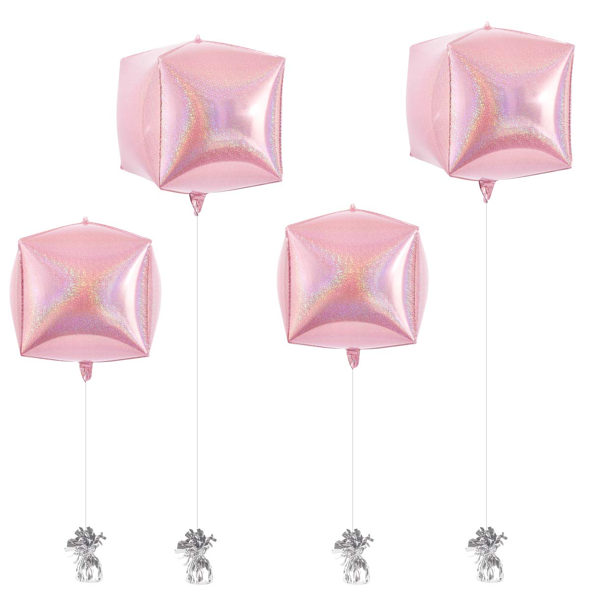 Eanjia Pink Holographic Laser Cube Foil Balloons 4 count 15" Hangable Square Shaped Aluminum Balloon for Wedding Decorations Birthday Party Baby Shower Engagement Party Backdrop Venue Decor