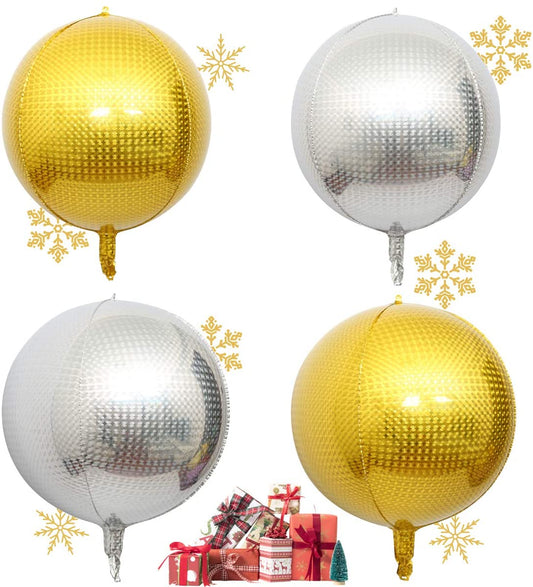 Eanjia 16" Orb Foil Balloons 4pcs Hangable Holographic Laser Steel Ball Pattern 4D Large Round Sphere Aluminum Foil Balloon Metallic Balloon Birthday Party Wedding Baby Shower Decor (Gold & Silver)