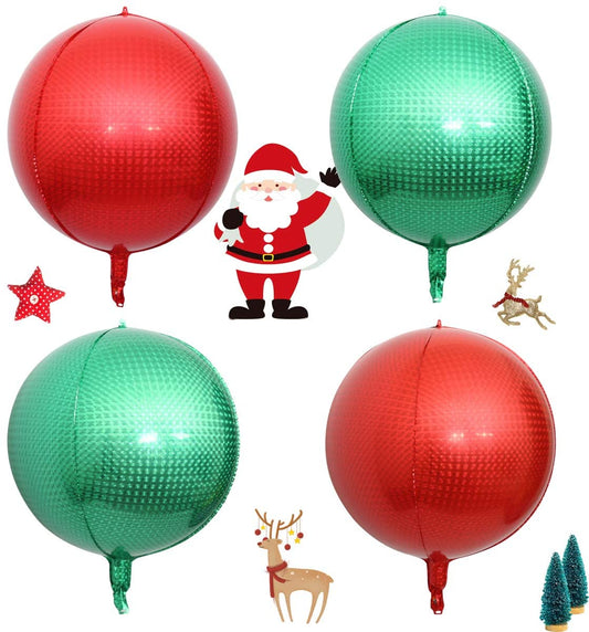 Eanjia 16" Christmas Orb Foil Balloons 4pcs Hangable Laser Steel Ball Pattern 4D Large Round Sphere Aluminum Foil Balloon Metallic Balloon Birthday Party Wedding Baby Shower Decor (Red & Green)