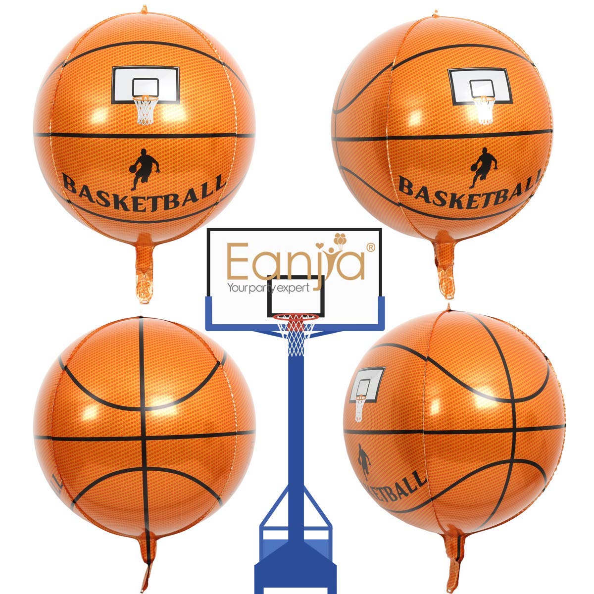 16" Bastketball Orb Foil Balloons Hanagable 4D Large Maylar Sphere Balloons Sports Theme Party Supplies Decoration 4pcs (Basketball)