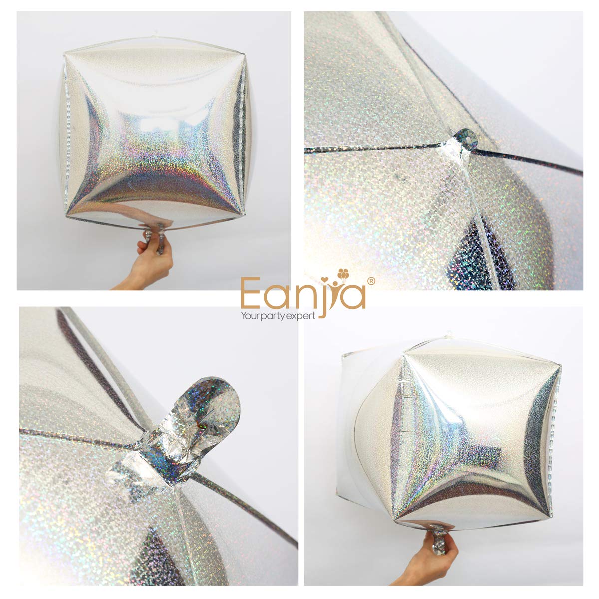 Eanjia Silver Holographic Laser Cube Foil Balloons 4 count 15" Hangable Square Shaped Aluminum Balloon for Wedding Decorations Birthday Party Baby Shower Engagement Party Backdrop Venue Decor