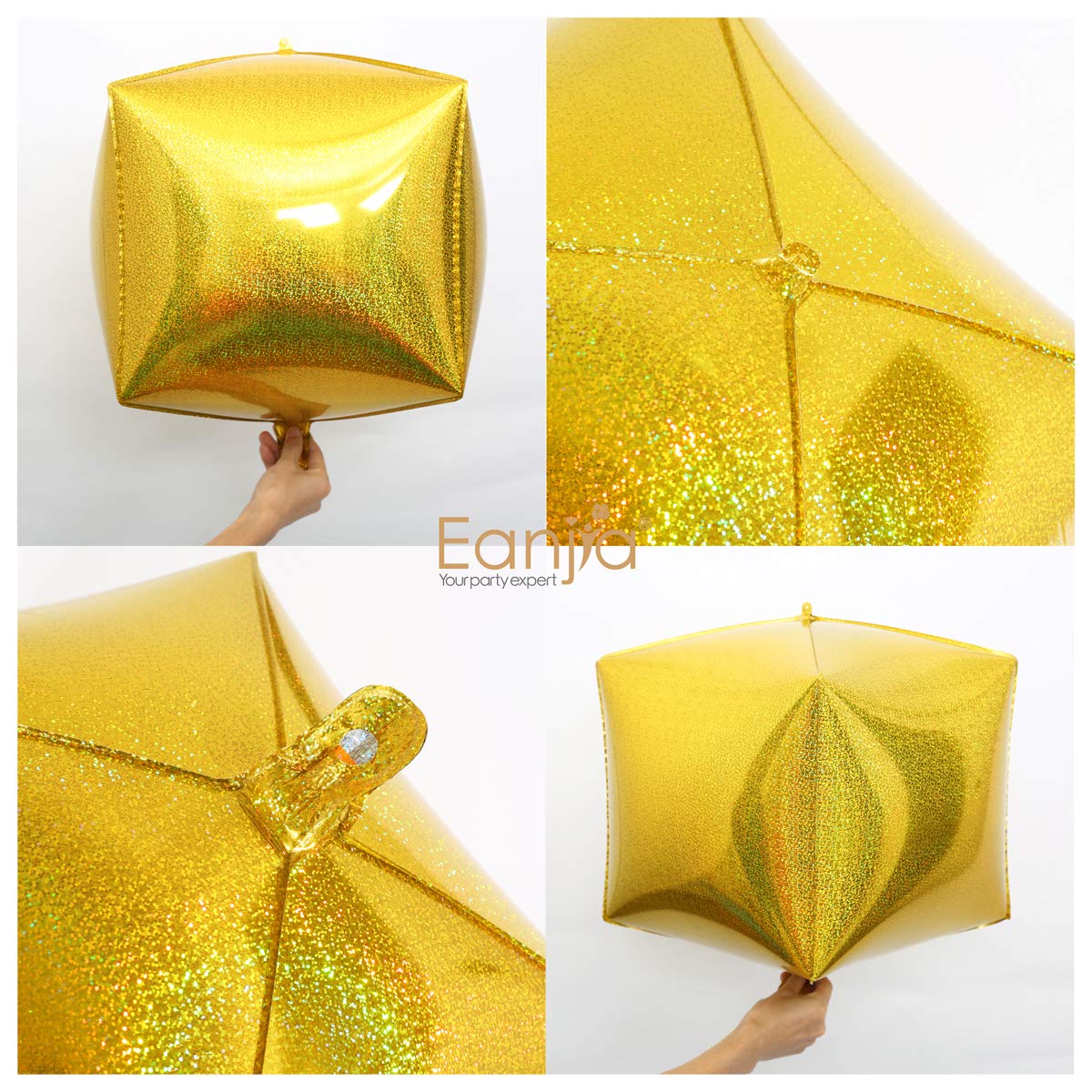 Eanjia Gold Holographic Laser Cube Foil Balloons 4 count 15" Hangable Square Shaped Aluminum Balloon for Wedding Decorations Birthday Party Baby Shower Engagement Party Backdrop Venue Decor