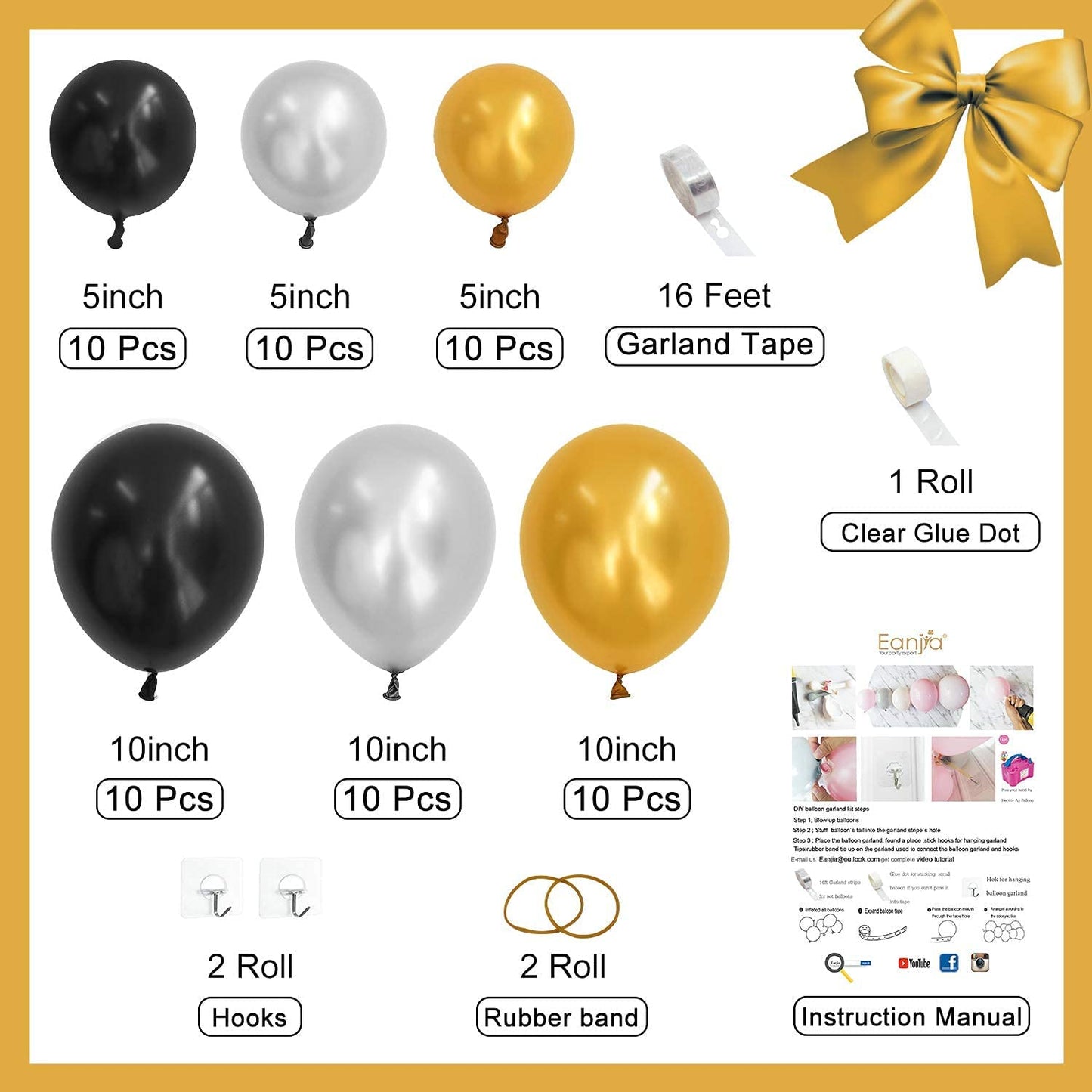 Eanjia DIY Balloon Garland Kit Classic Black Gold Silver Balloon Garland Kit Graduation Balloons for Anniversary 21st 30th 40th 50th Birhtday Party Decoration Backdrop (Black & Gold)