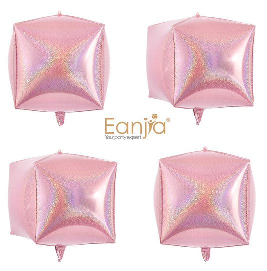 Eanjia Pink Holographic Laser Cube Foil Balloons 4 count 15" Hangable Square Shaped Aluminum Balloon for Wedding Decorations Birthday Party Baby Shower Engagement Party Backdrop Venue Decor