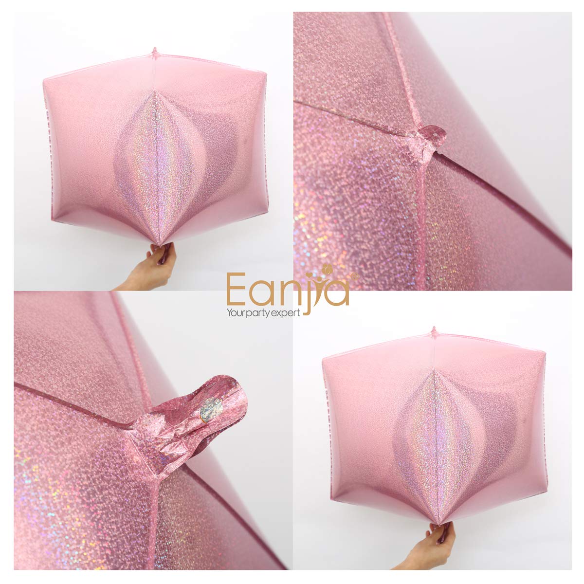 Eanjia Pink Holographic Laser Cube Foil Balloons 4 count 15" Hangable Square Shaped Aluminum Balloon for Wedding Decorations Birthday Party Baby Shower Engagement Party Backdrop Venue Decor