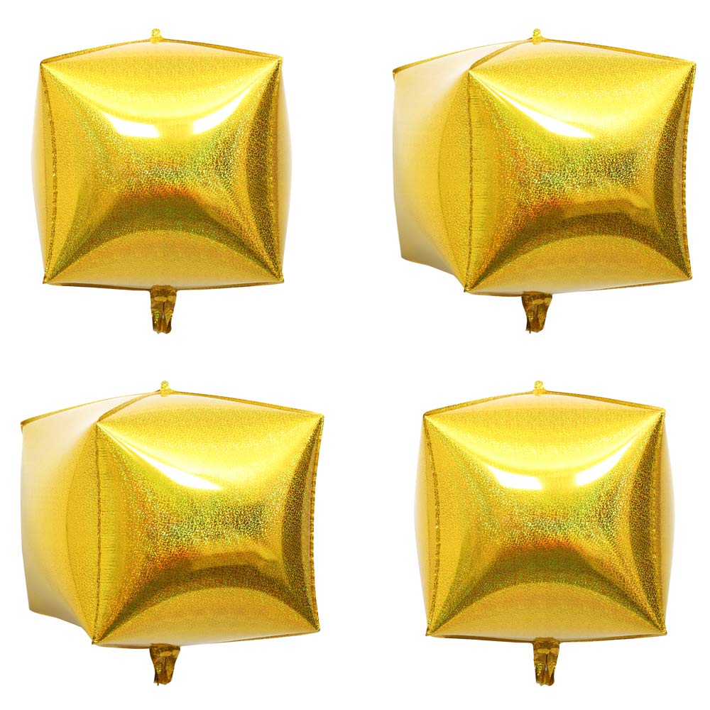 Eanjia Gold Holographic Laser Cube Foil Balloons 4 count 15" Hangable Square Shaped Aluminum Balloon for Wedding Decorations Birthday Party Baby Shower Engagement Party Backdrop Venue Decor