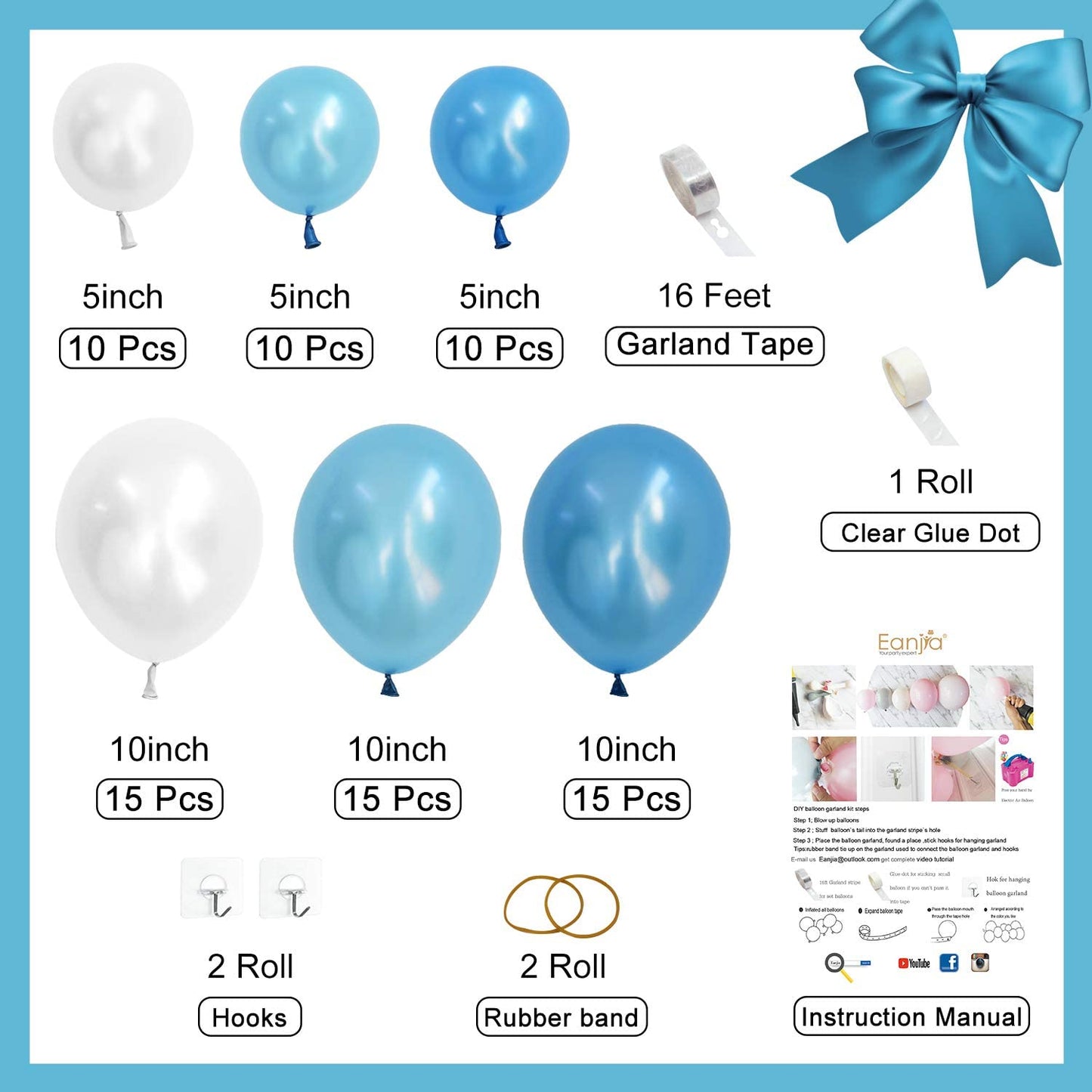 Eanjia DIY Balloon Garland Kit Blue Individual Pack 5" 10" White Pearl white,Pearl Blue Balloons for Baby Shower Party Garland Tape,Glue Dot,Hooks and Instruction for Beginner Use (Baby shower blue)