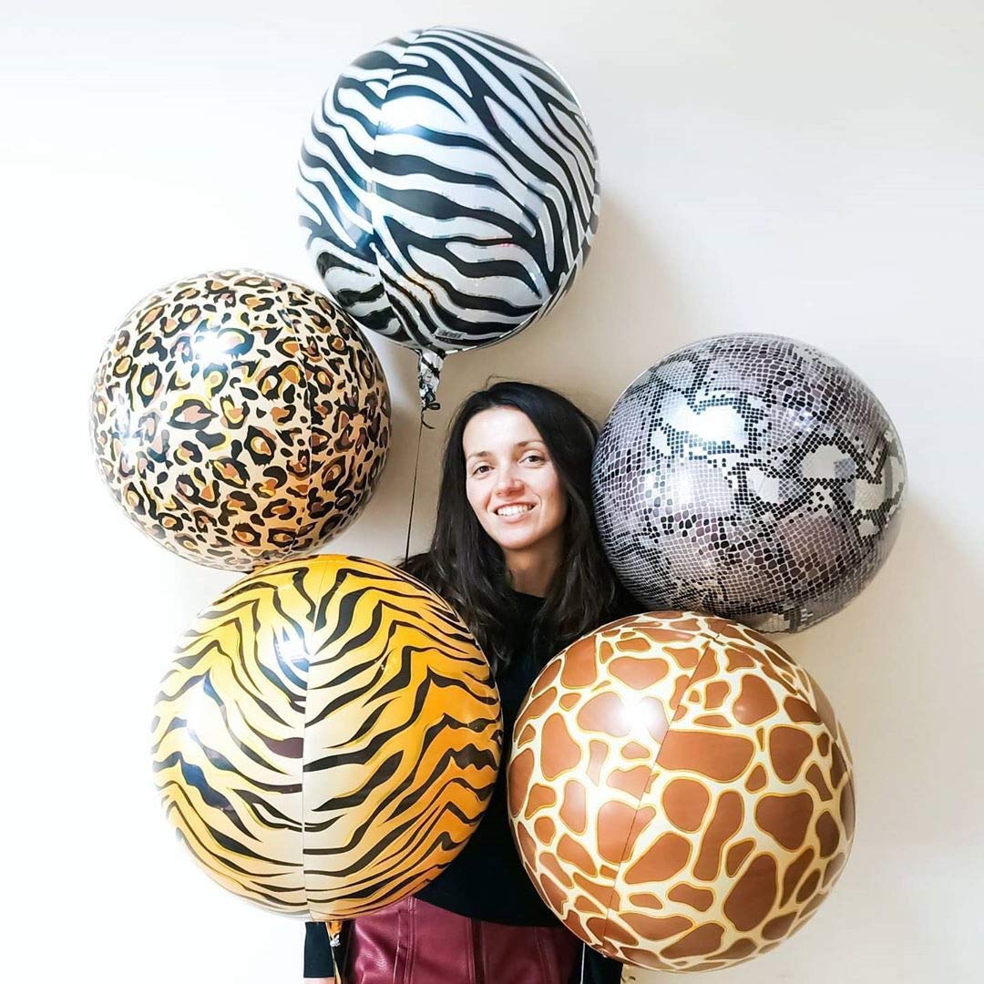 Eanjia Animal Print Balloons Hangable 5 Count 16" Safari Print Balloons 4D Round Foil Balloons for Baby shower Photo Shower Birthday Party Supplies Wedding Balloon Arch Kit Animal Balloon Garland Kit Zoo Decorations