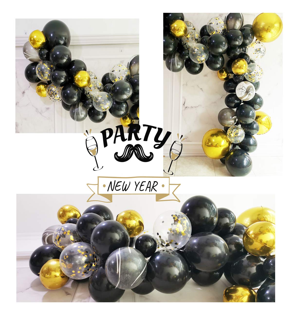 Eanjia Gold and Black Balloons Garland Kit 5"-18" Agate Balloons Confetti Balloons Gold Orb Balloons Arch for Birthday Masquerade Gasby Party Decor (Black & Gold)